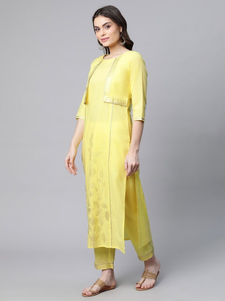 Ahalyaa Women Yellow Pure Cotton Printed Floral Kurta With Trousers | Grocsy