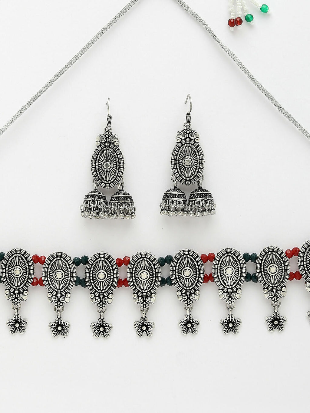 NVR Women's Silver-Plated Choke Oxidized Necklace with Jhumka Earrings | Grocsy