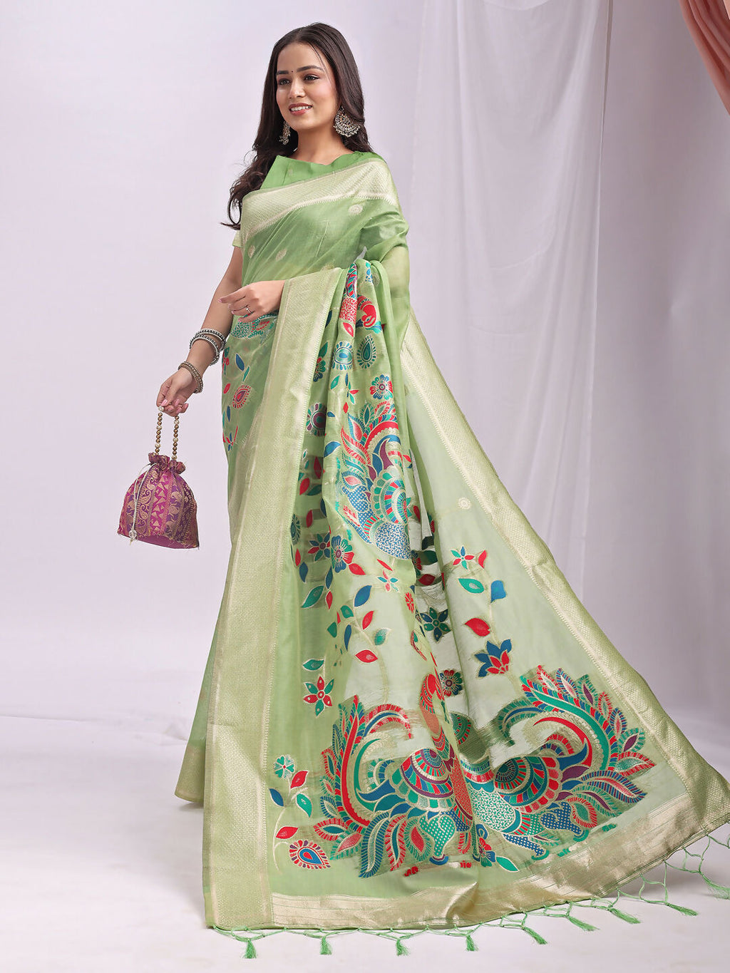 Shree Shyam Fashion Linen Cotton Light Green Saree | Grocsy