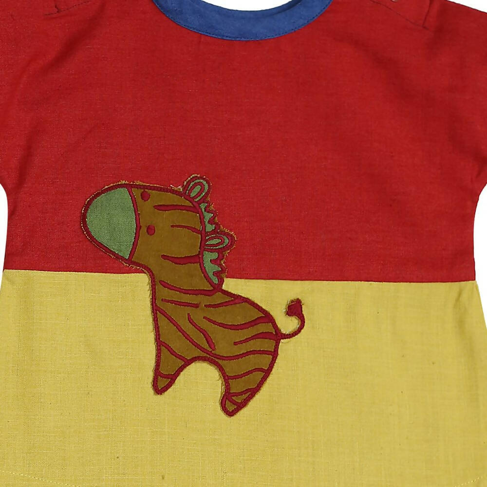 Mhyssa Morty Sleeve Red yellow T-shirt With Blue Shorts Set For Kids | Grocsy