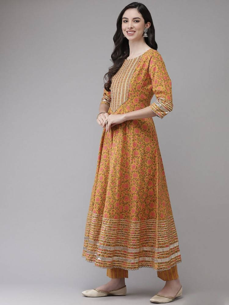 Yufta Yellow Printed kurta with Trouser Dupatta Set | Grocsy