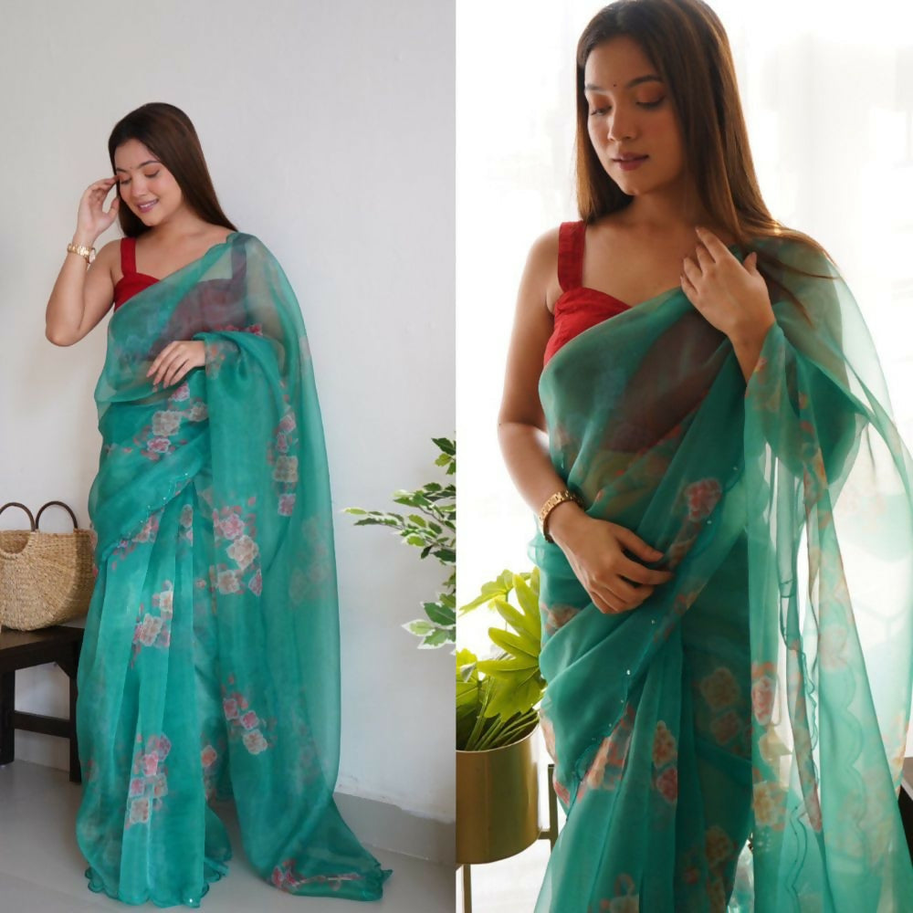 Vamsee Rency Dark Green Organza Saree | Grocsy