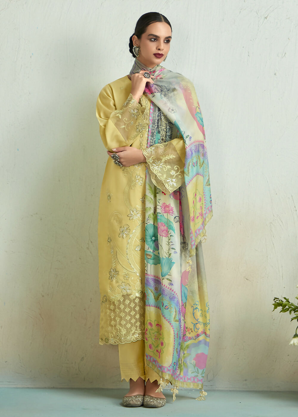 Lemon Yellow Pure Muslin Resham Embroidered Salwar Suit - Emponline | Grocsy