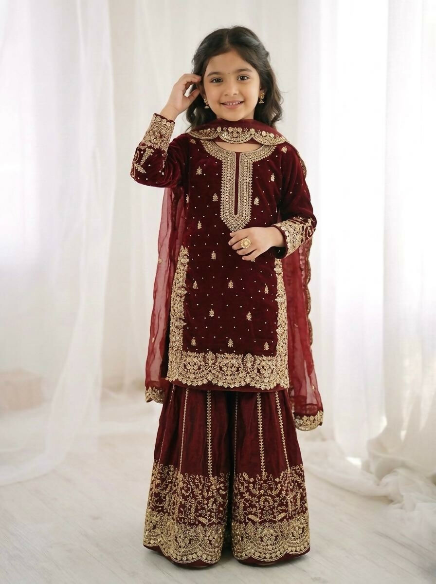 Teeya Creation Girls Heavy Embroidery Maroon Ethnic Kurta And Palazzo Set With Net Dupatta | Grocsy