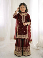 Teeya Creation Girls Heavy Embroidery Maroon Ethnic Kurta And Palazzo Set With Net Dupatta | Grocsy