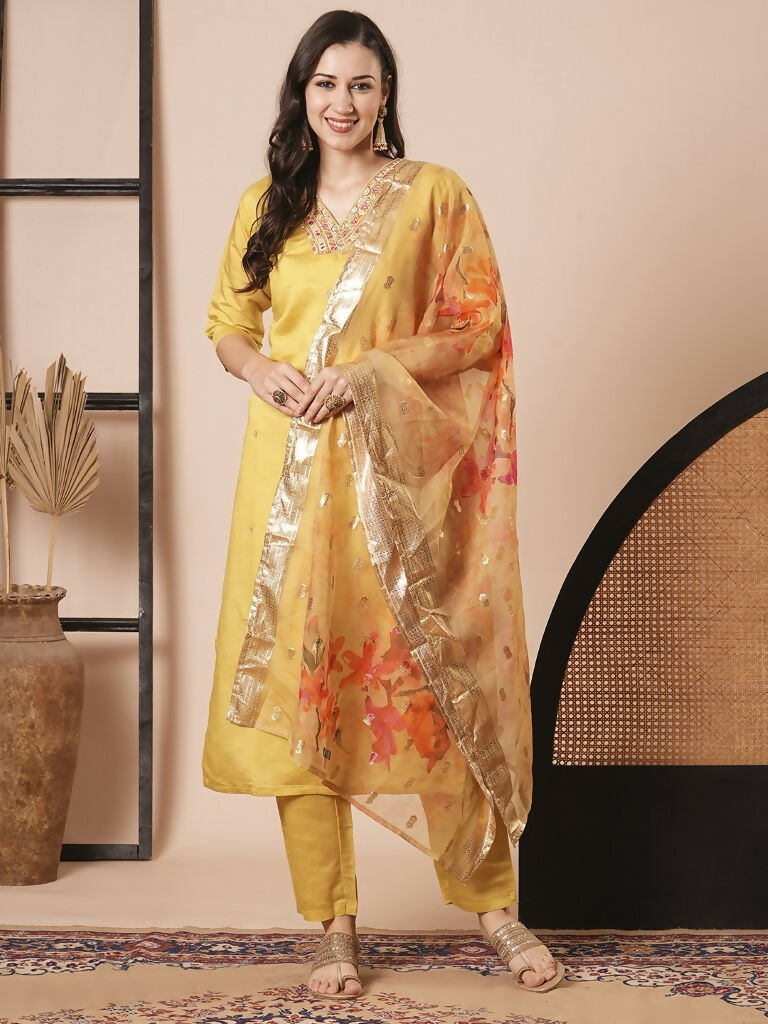 Yellow PV Chanderi Embroidery Work,Printed Kurta Set - Riya | Grocsy