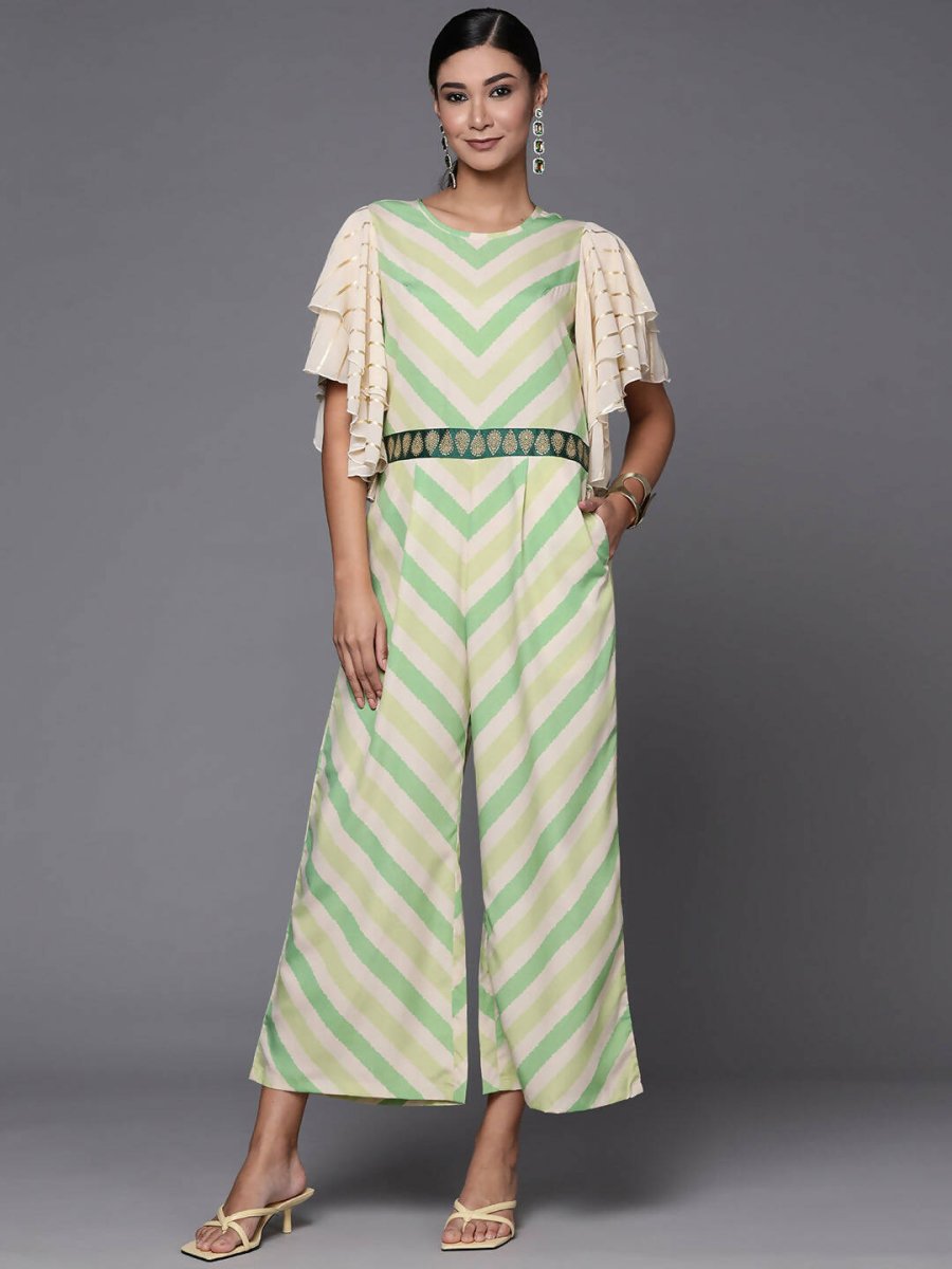 Ahalyaa Off White & Green Zig Zag Print Basic Jumpsuit | Grocsy
