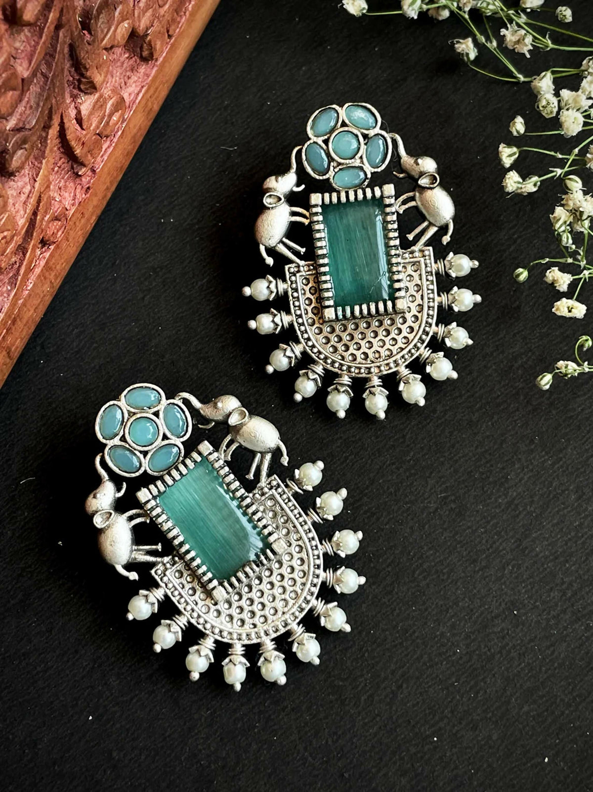 Joban Fashion Women C Green Silver Replica Big Monalisa Stone Stud Earring | Grocsy