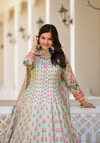 Partywear Designer Pista Dola Silk Anarkali suit with Dupatta - Samyukta | Grocsy
