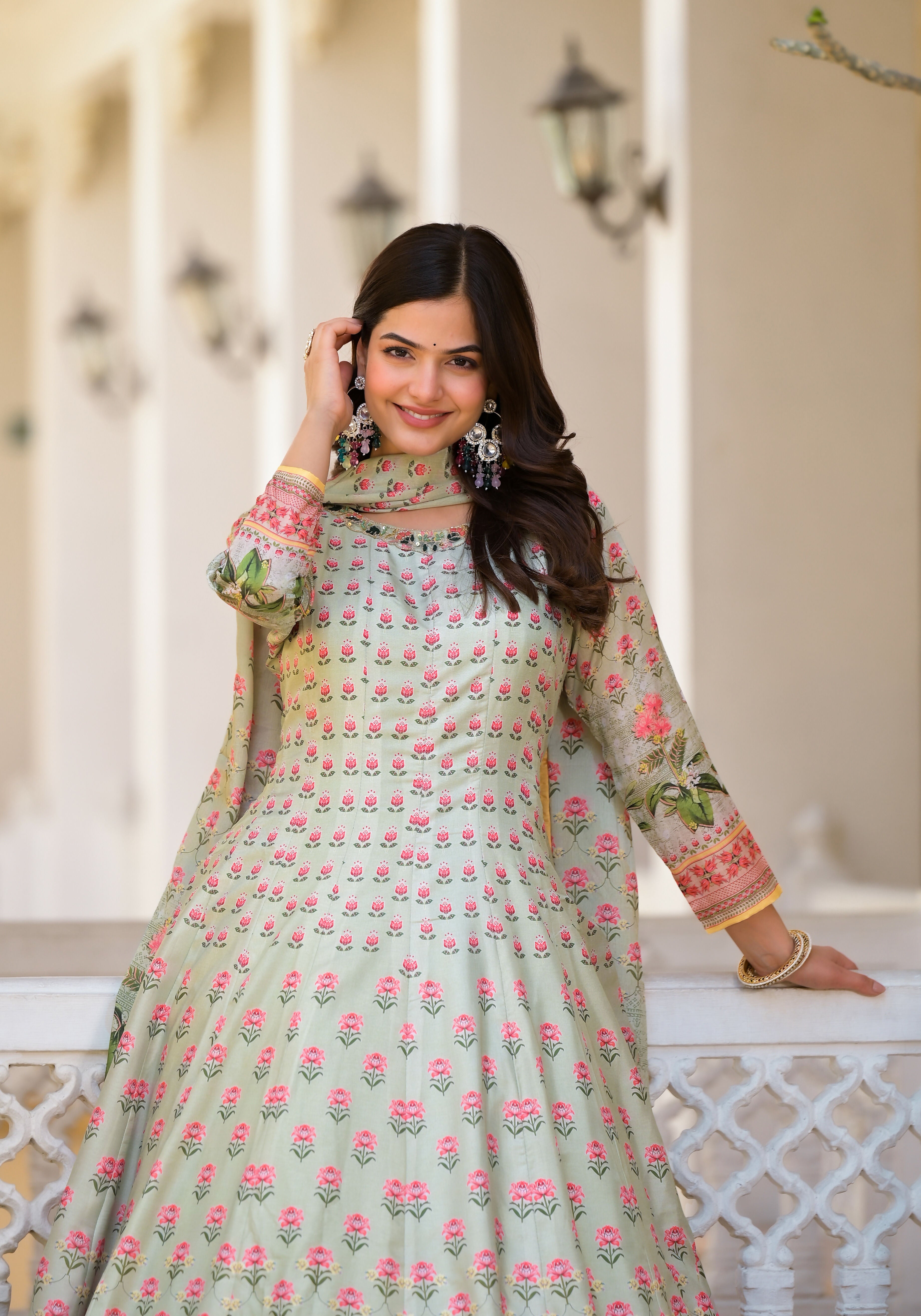 Partywear Designer Pista Dola Silk Anarkali suit with Dupatta - Samyukta | Grocsy