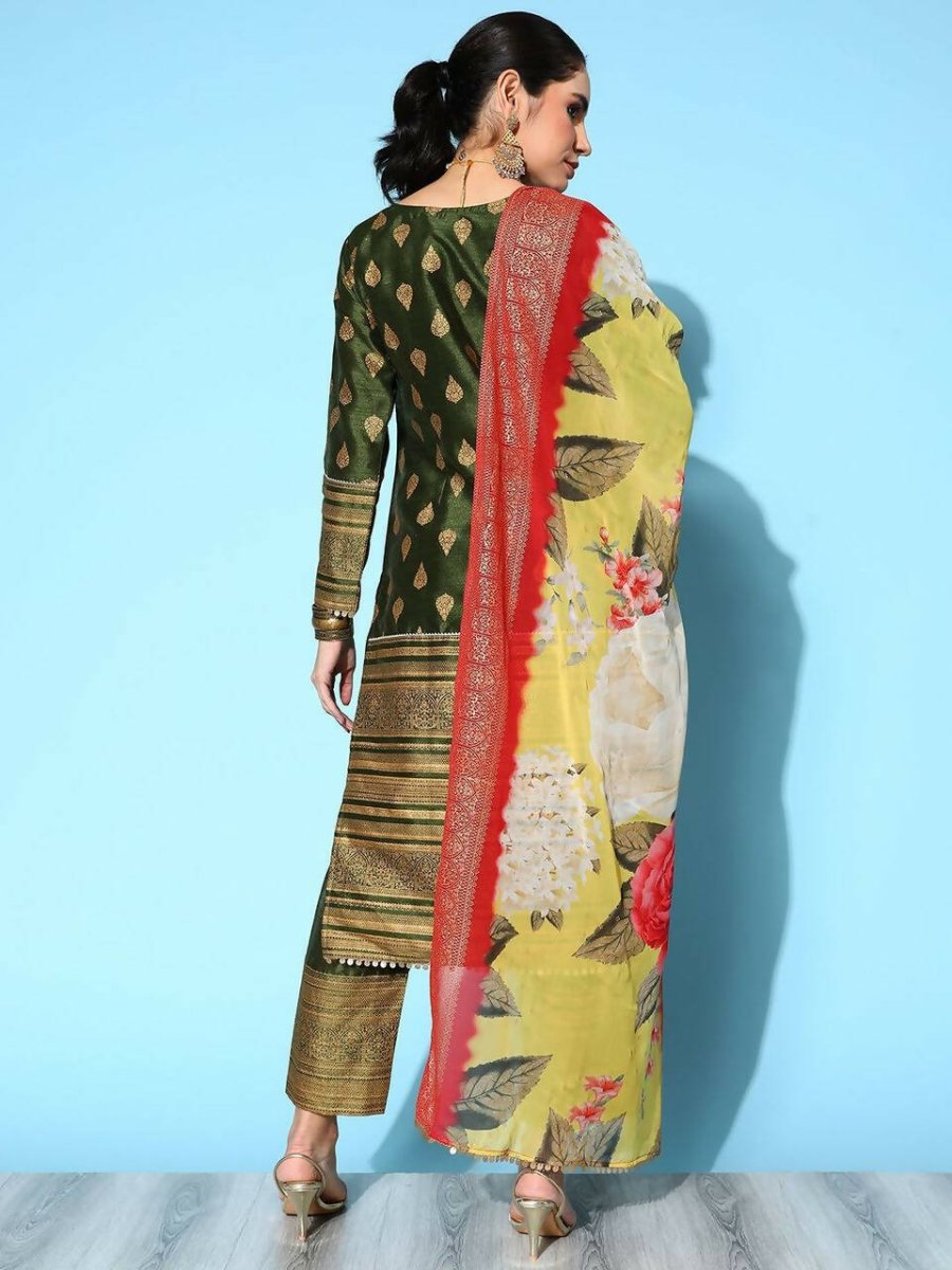 Ahalyaa Women's Olive Colour Poly Silk Gold Printed Kurta Pant Set With Dupatta | Grocsy