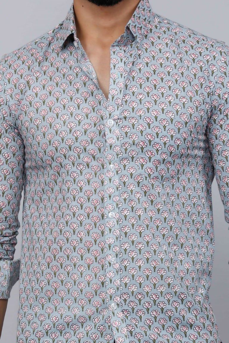 Miravan Men's Blue Pure Cotton Handblock Floral Print Shirt | Grocsy
