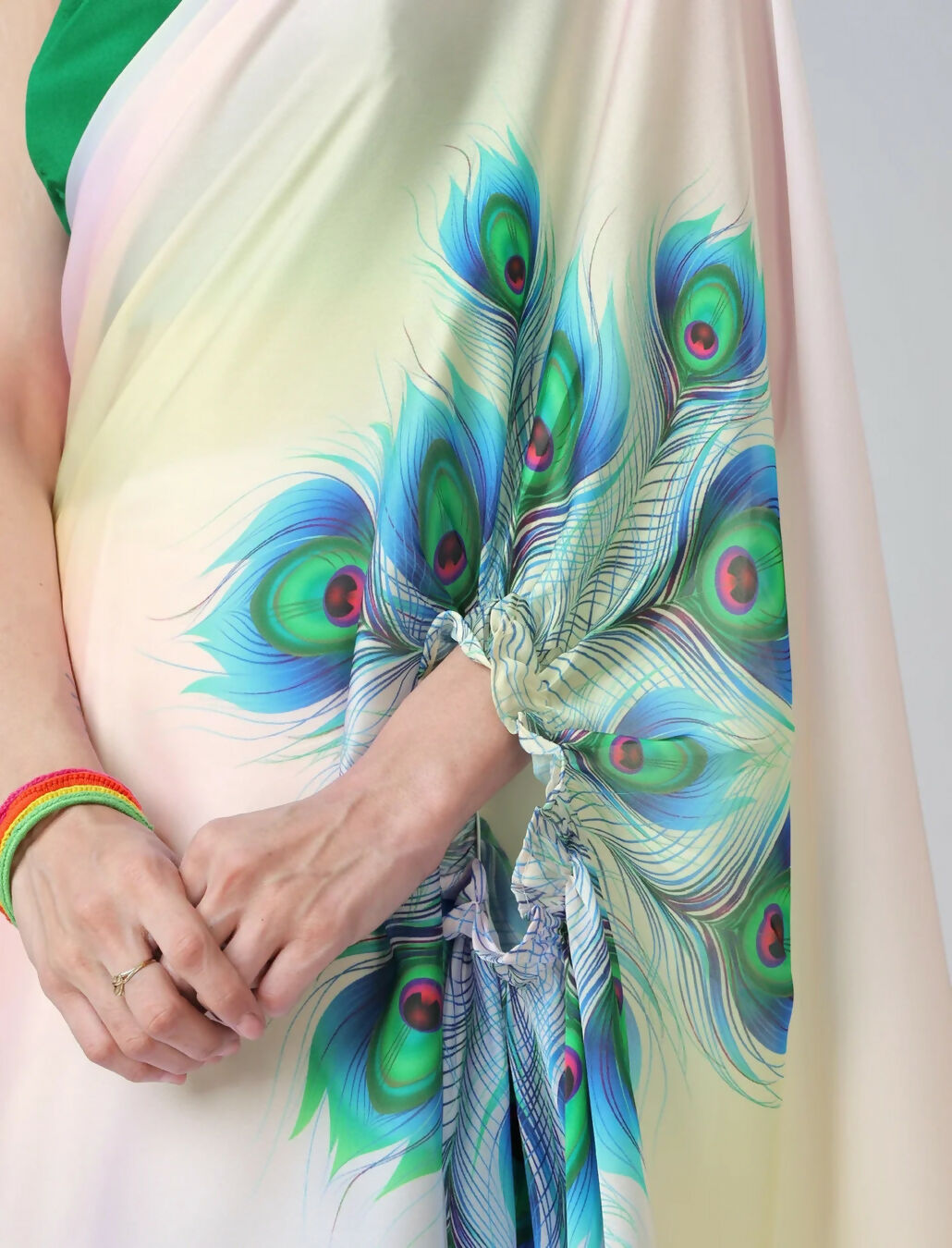 Vastranavya Pastel Rainbow Freehand Peacock Feather Print Ready to Wear Saree | Grocsy