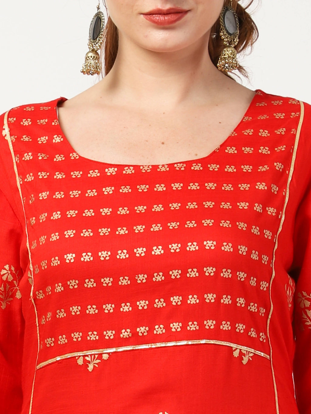Cheera Embellished Daily Wear Cotton Blend Kurta With Palazoo - Red | Grocsy