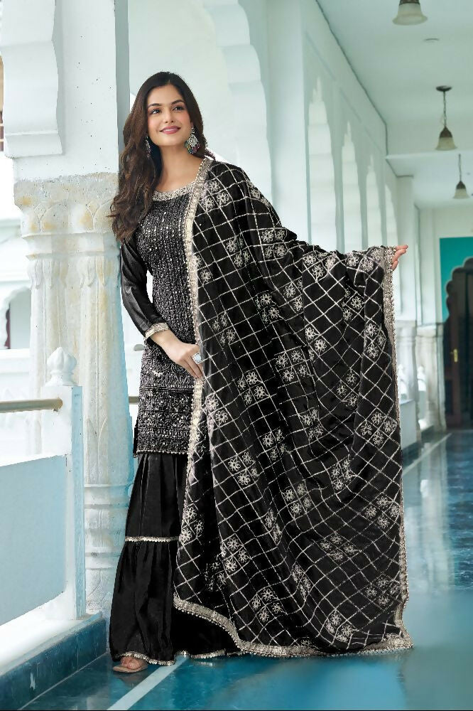 Teeya Creation Black Colour Chinnon Silk Heavy Embroidery Work Fully Stitched Salwar Suit | Grocsy