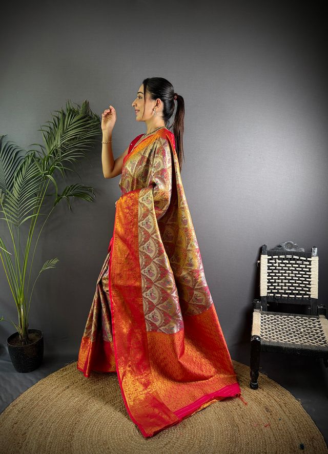 Elora Brown Silk Leheriya Meenakari Zari Weaves Dharmavaram Saree | Grocsy