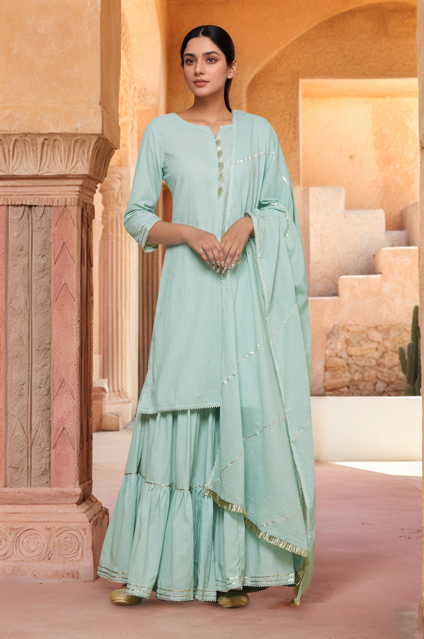 Joban Fashion Green Cotton Kurti Sharara Set | Grocsy