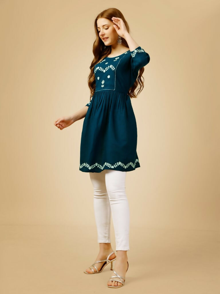 Jyoti Fashion Women's Blue Viscose Rayon Embroidered Casual Top | Grocsy
