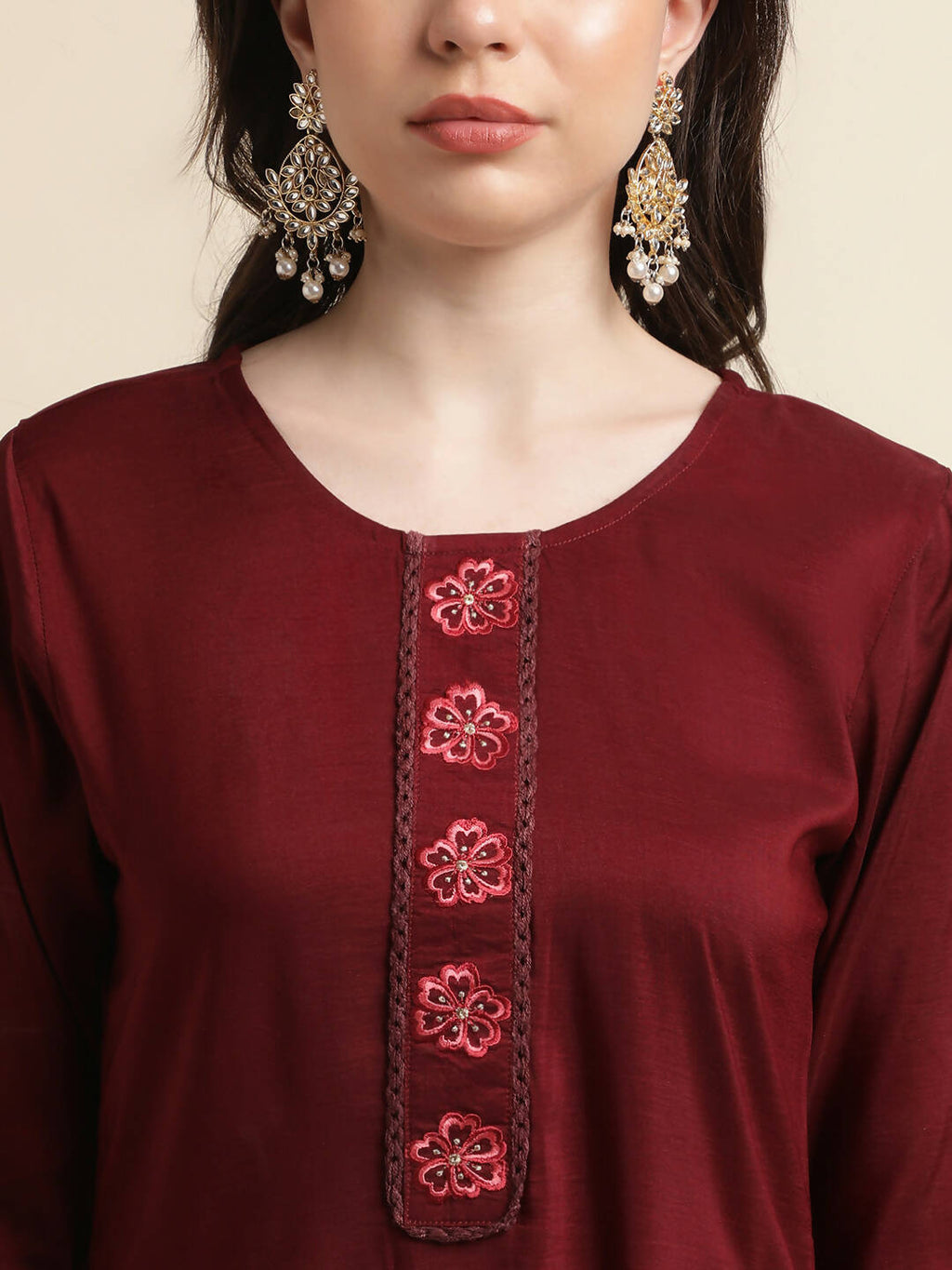 Maroon Chinon Silk Embroidered Straight Kurta with Trouser & Dupatta - Salimar | Grocsy