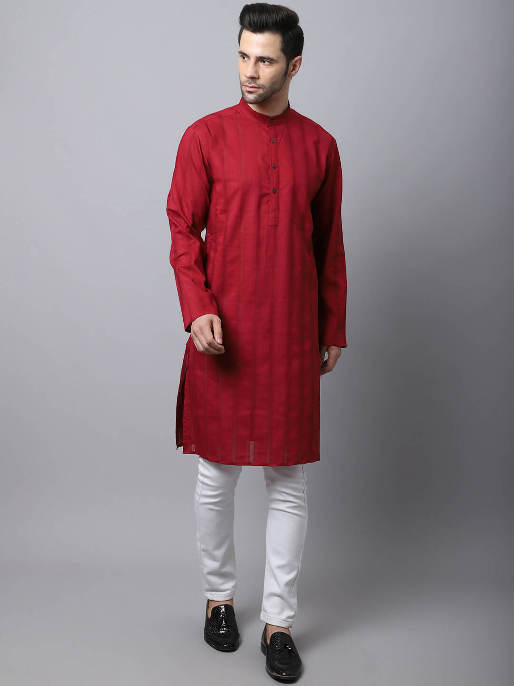 Even Apparels Maroon Pure Cotton Men's Kurta With Band Collar | Grocsy