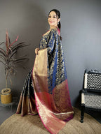 Prime Volt Pure Handloom Kanjivaram Katan Silk Saree with Antique Zari & Contrast Pallu-Deep Vibrant Blue | Grocsy