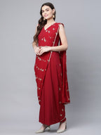 Ahalyaa Women Maroon Crepe Georgette Printed Saree Dress With Printed Pallu | Grocsy