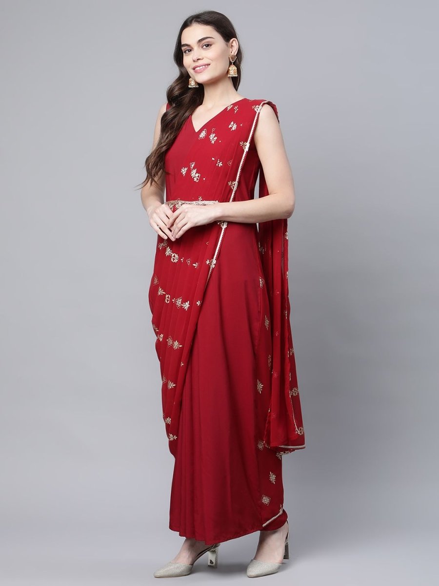 Ahalyaa Women Maroon Crepe Georgette Printed Saree Dress With Printed Pallu | Grocsy