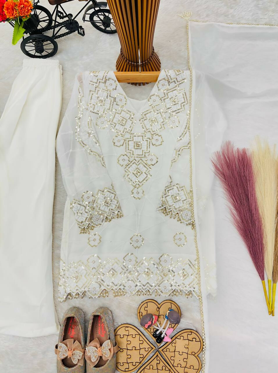 Teeya Creation New Kids Latest Trendy Kurta Palazzo Set-White | Grocsy