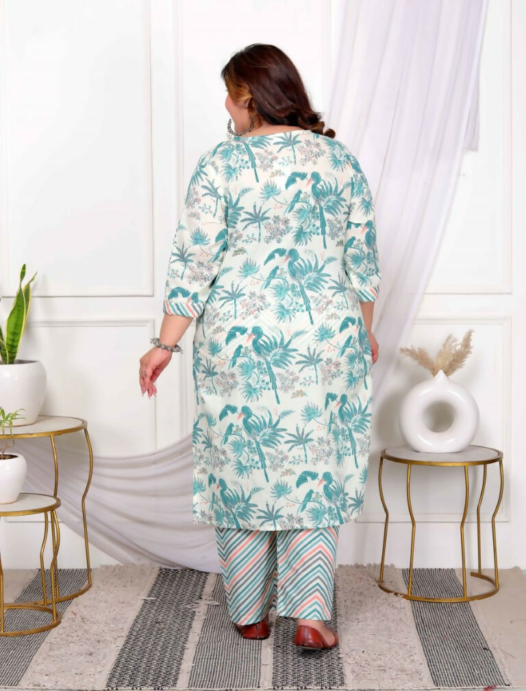 Miravan Women's Plus Size Cotton Light Green Scenic Birds And Leaf Floral Printed Straight Pakistani Style Kurta And Palazzo | Grocsy