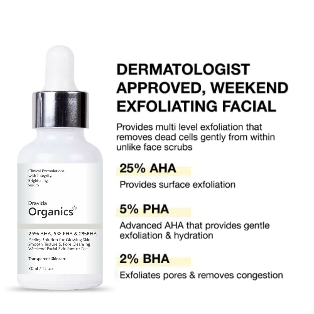Dravida Organics AHA 25% + BHA 2% + PHA 5% Peeling Solution for Face | Grocsy