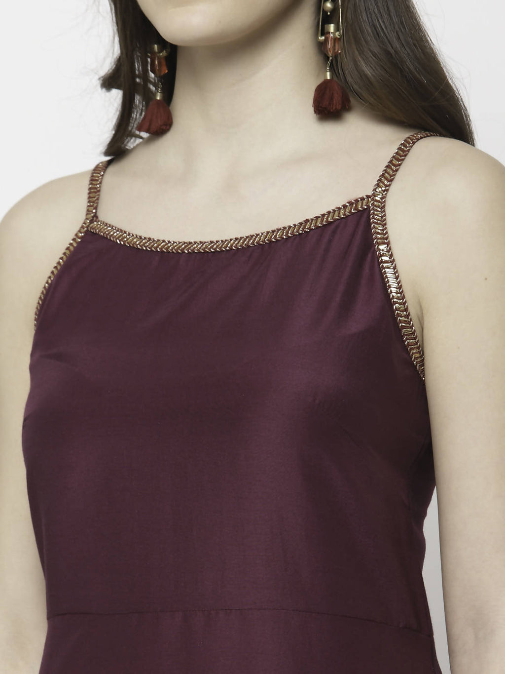 Myshka Marron Silk Blend Solid Sleeveless Round Neck Kurta Palazzo Dupatta Set | Grocsy