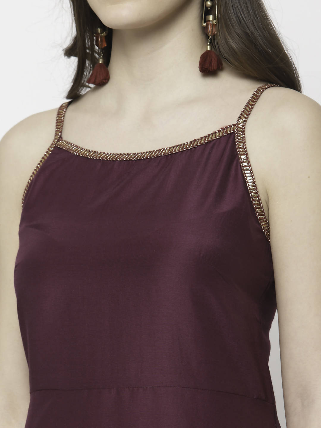 Myshka Marron Silk Blend Solid Sleeveless Round Neck Kurta Palazzo Dupatta Set | Grocsy
