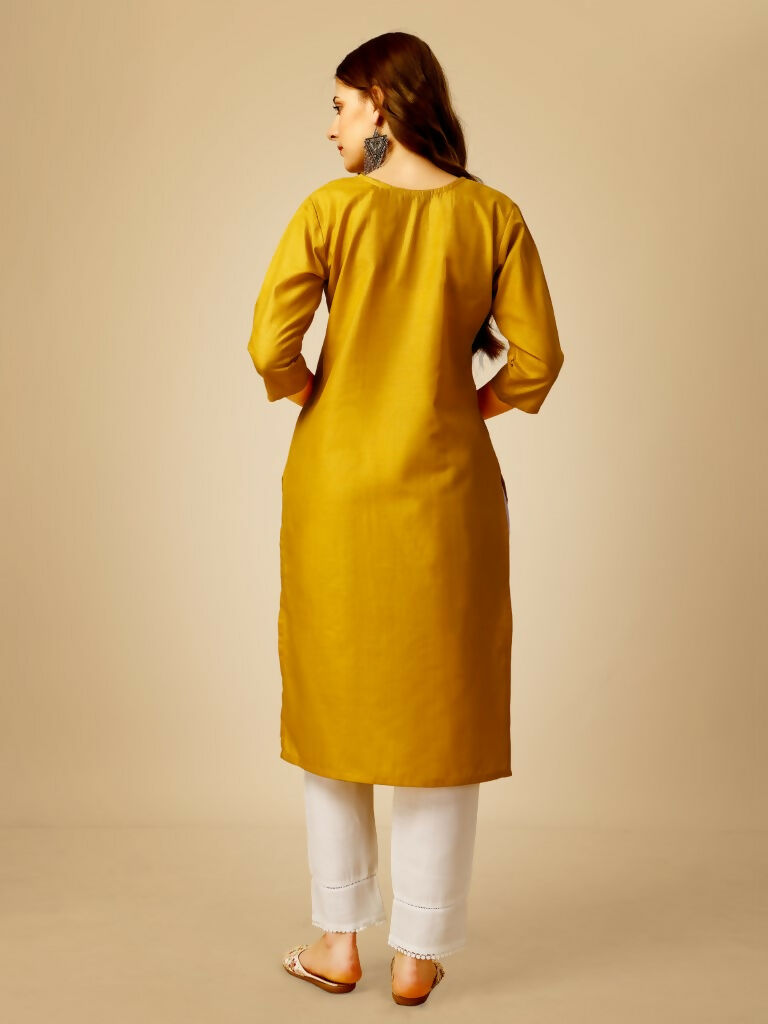 Jyoti Fashion Women's Yellow Cotton Blend Embroidered Kurta Pant Set | Grocsy