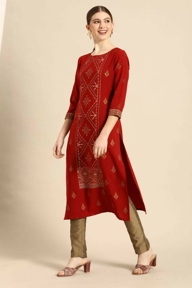 Janasya Women's Rust Crepe Ethnic Motifs Casual Straight Kurta | Grocsy