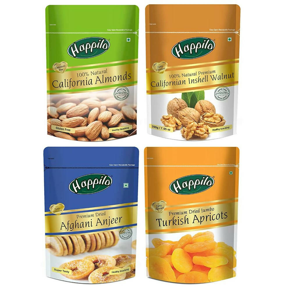 Happilo Premium Californian Almonds, Walnuts Inshell, Afghani Anjeer & Turkish Apricot Combo | Grocsy