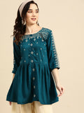 Women's Teal Viscose blend Embroidered Short Top - Marina | Grocsy
