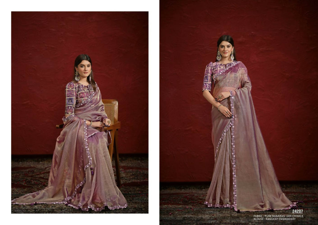 Purple Pure Banarasi Jari Crinkle Sequence with Handwork Saree with Stitched Blouse - Mohmanthan Aaina | Grocsy