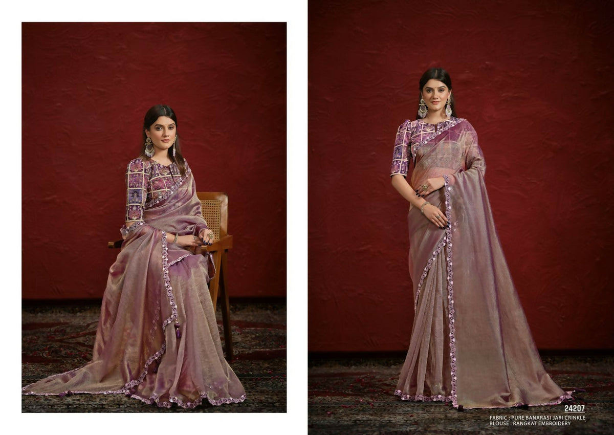 Purple Pure Banarasi Jari Crinkle Sequence with Handwork Saree with Stitched Blouse - Mohmanthan Aaina | Grocsy