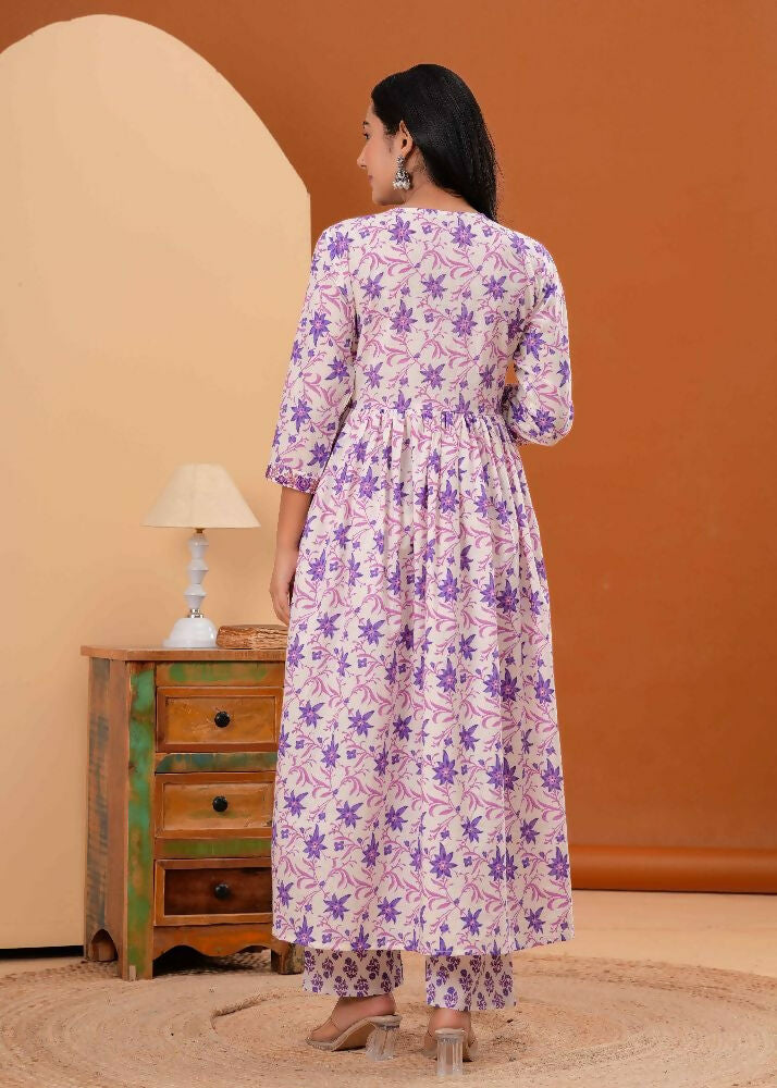 Jaimini Women Cotton Printed V-Neck 3/4 Sleeves Calf Length Alia Cut Kurta Pant And Dupatta Set | Grocsy