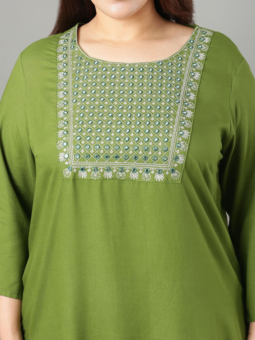 Sztori Plus Size Floral Yoke Design Mirror Work Straight Kurta | Grocsy