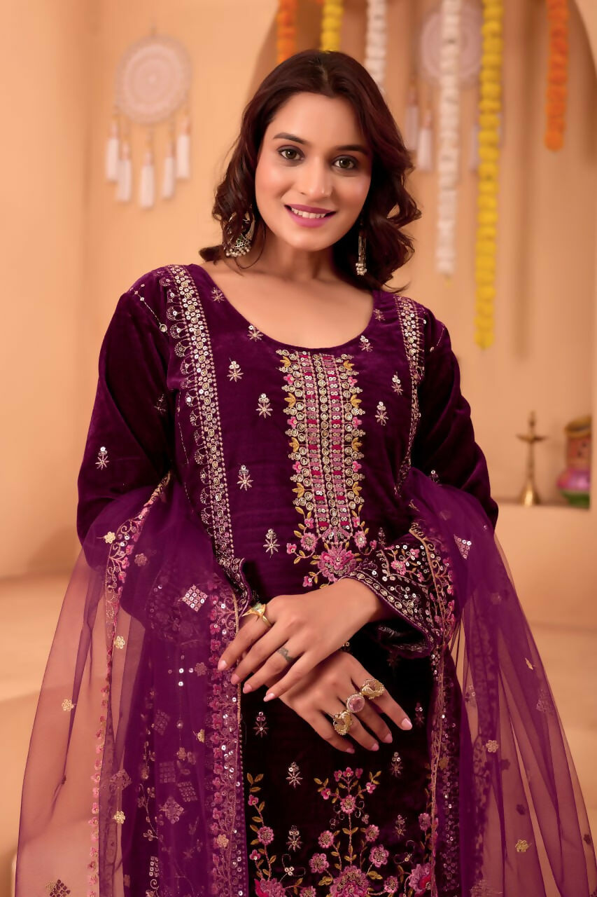 Joban Fashion Purple Velvet Embroidery Sequence Work Readymade Kurta Set | Grocsy