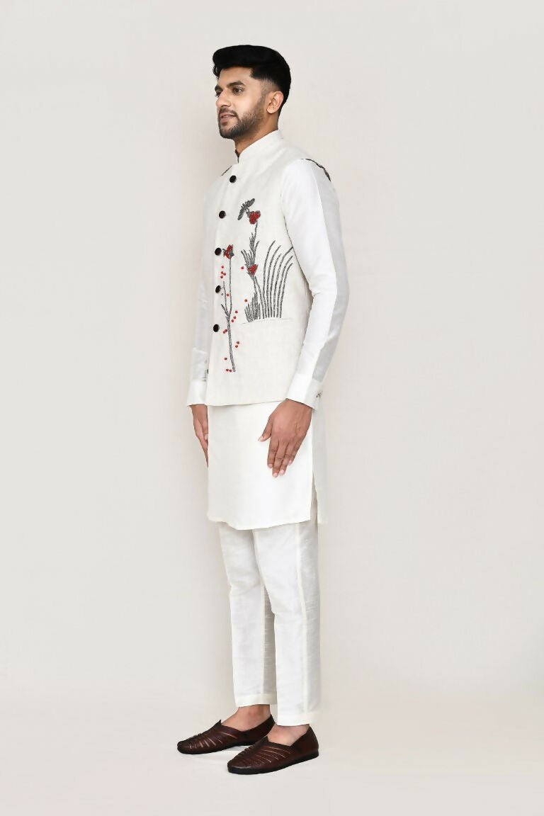 Joban Fashion White Colored Art Silk Fabric Kurta, Jacket With Straight Fit Pant | Grocsy