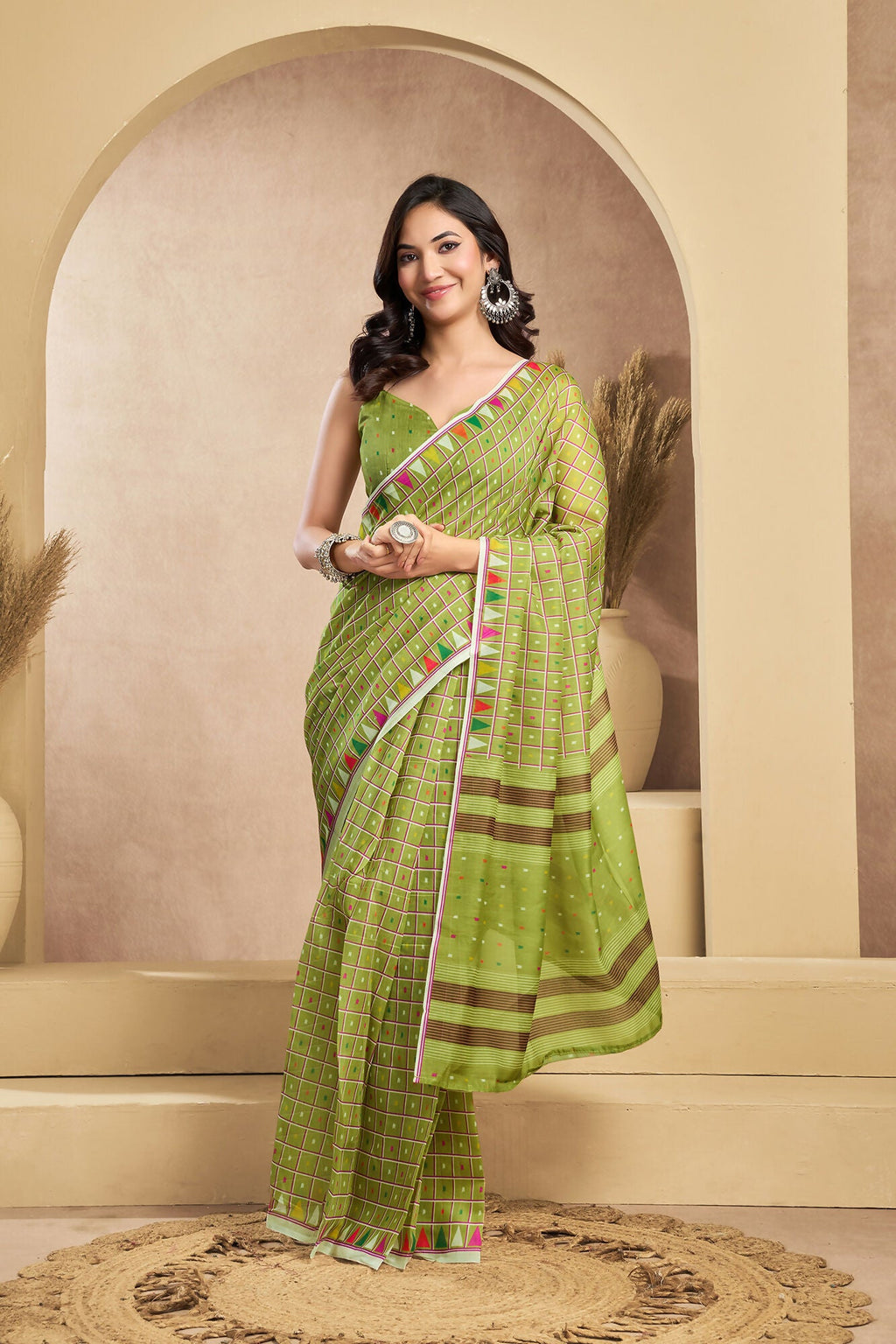 Vastranavya Mehendi Digital Printed Linen Ready To Wear Designer Saree with Unstitched Blouse | Grocsy