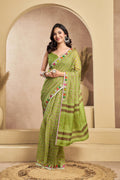 Vastranavya Mehendi Digital Printed Linen Ready To Wear Designer Saree with Unstitched Blouse | Grocsy