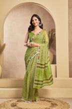 Vastranavya Mehendi Digital Printed Linen Ready To Wear Designer Saree with Unstitched Blouse | Grocsy
