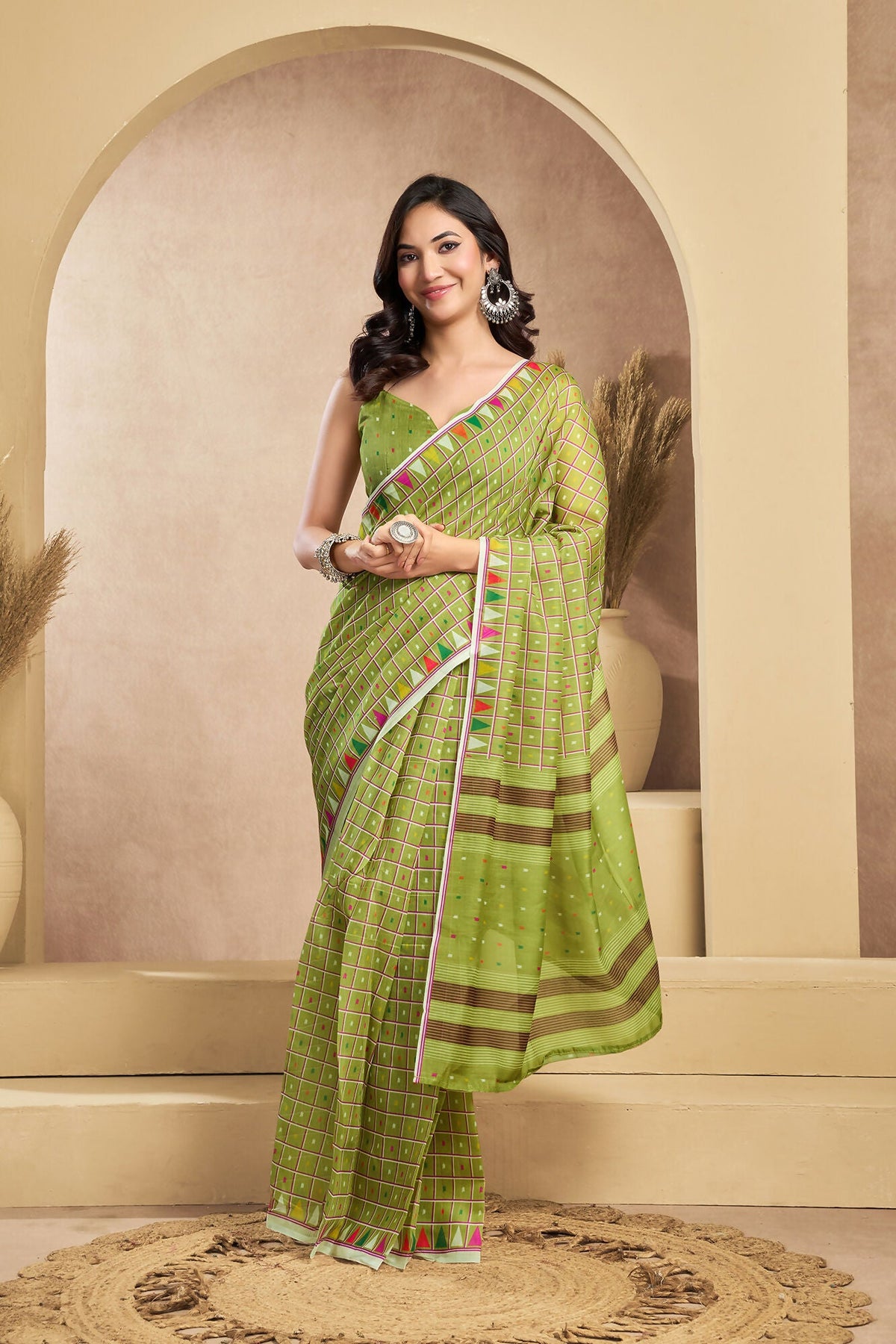 Vastranavya Mehendi Digital Printed Linen Ready To Wear Designer Saree with Unstitched Blouse | Grocsy