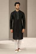 Raivat Ethnic Banarasi Art Silk Thread Work Kurta Pajama In Black Colour | Grocsy
