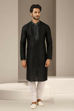 Raivat Ethnic Banarasi Art Silk Thread Work Kurta Pajama In Black Colour | Grocsy