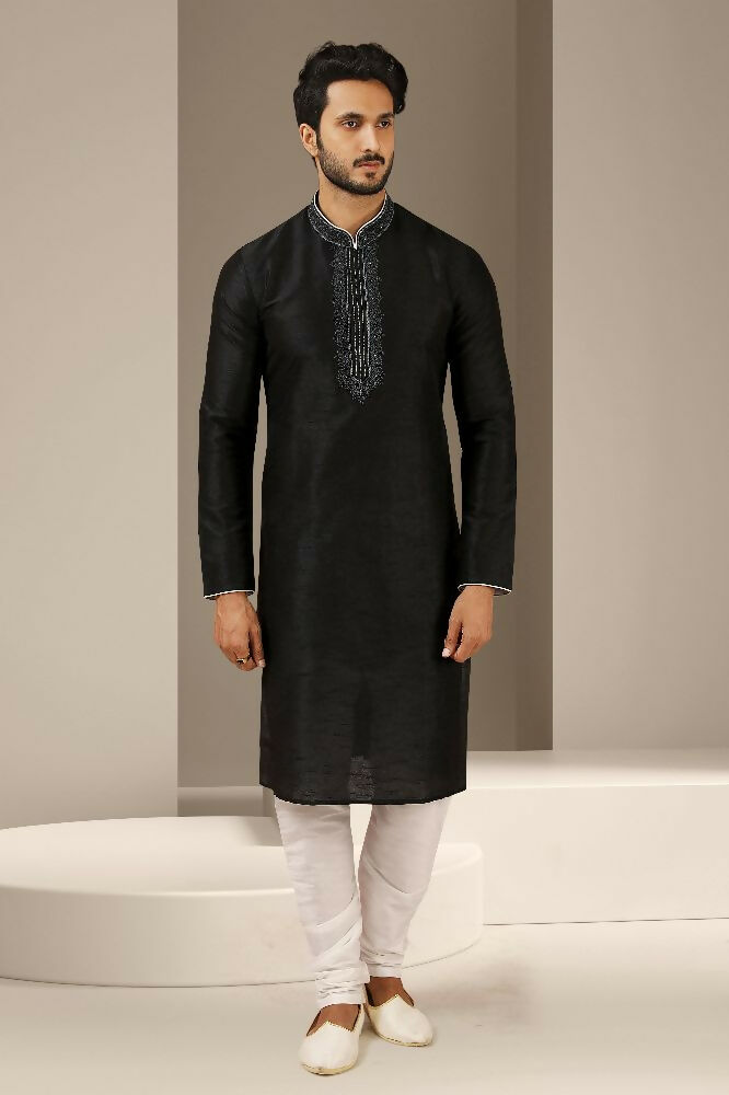 Raivat Ethnic Banarasi Art Silk Thread Work Kurta Pajama In Black Colour | Grocsy