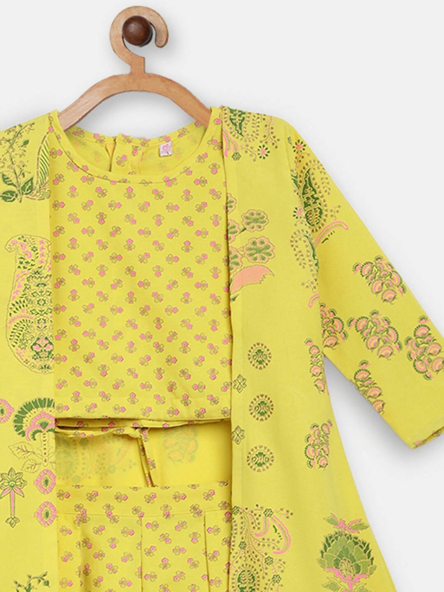 Ahalyaa Yellow Viscose Rayon Printed Kids Top & Palazzo Sets With Jacket For Girls | Grocsy